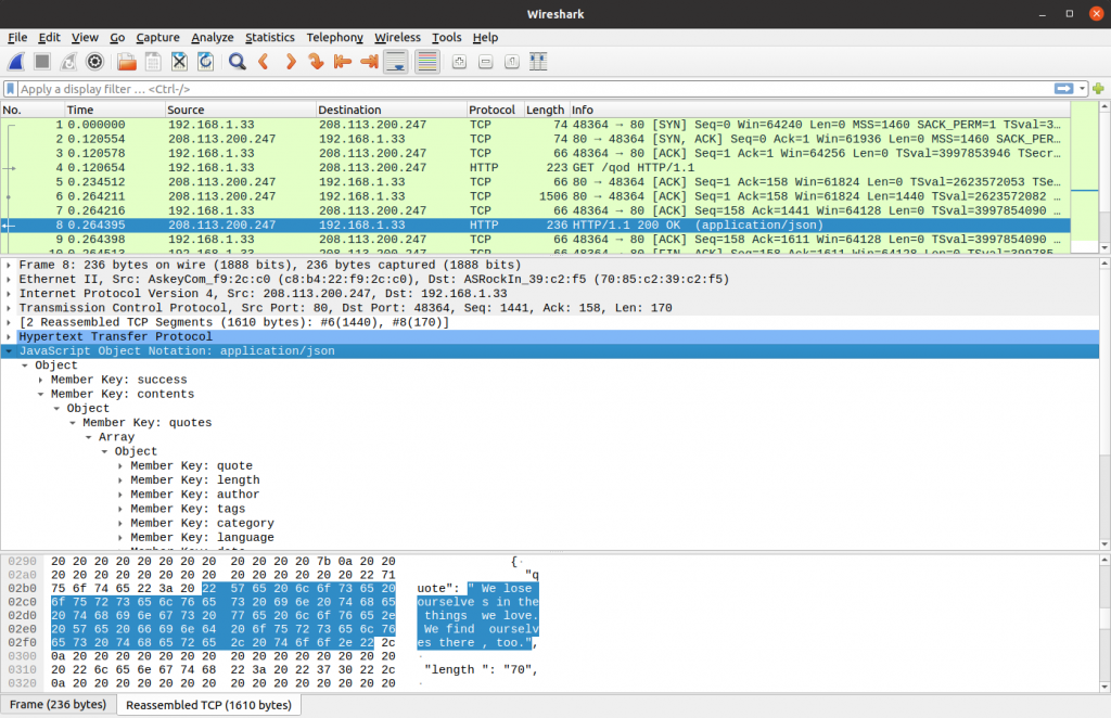 Wireshark screenshot with JSON parsing
