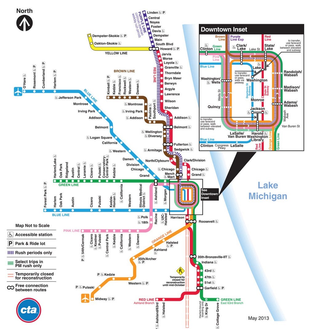 A photo of Chicago’s transit map for their elevated train line.