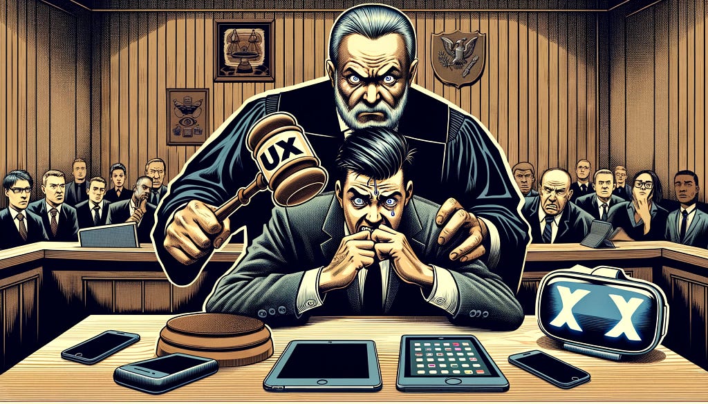 A UX judge standing over a man in court with a UX gavel
