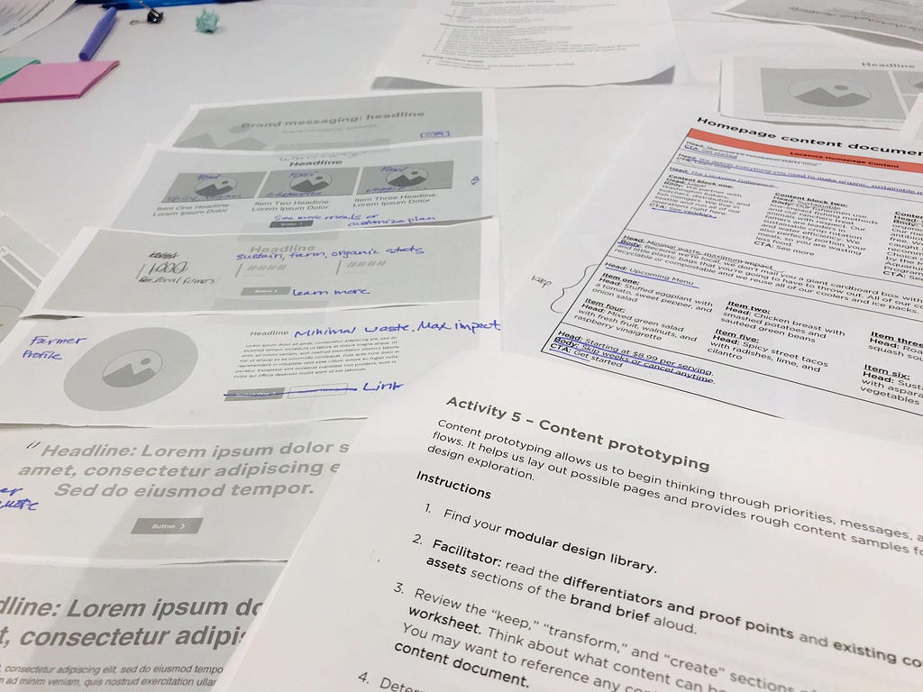 A close-up shot of several workshop documents including content prototyping instructions and a website paper prototype