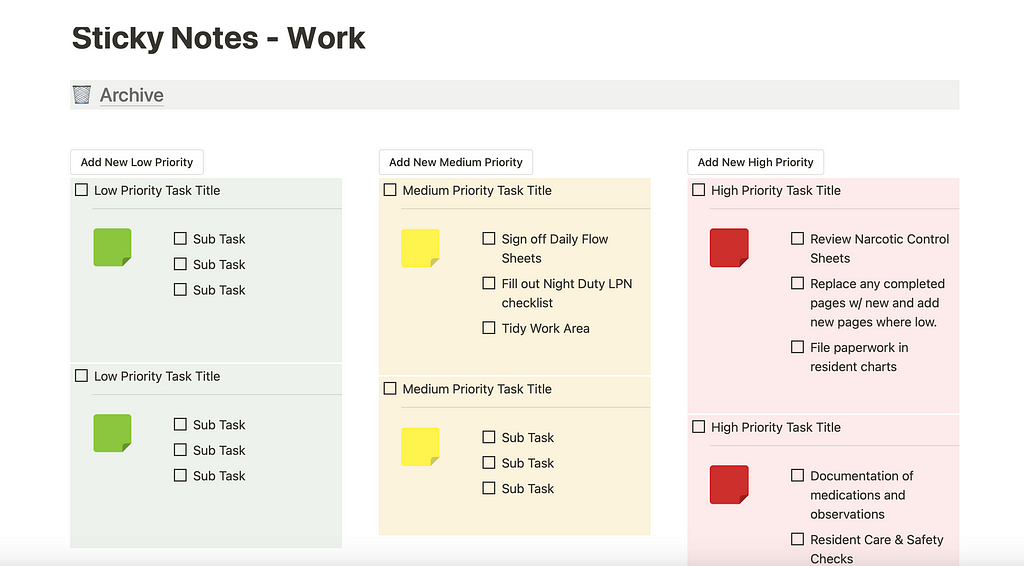 Notion Sticky Notes of Tasks to be completed for nursing