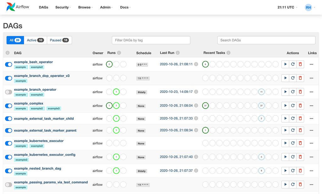 A screenshot of the web interface. We see a list of DAGs with task and execution details.