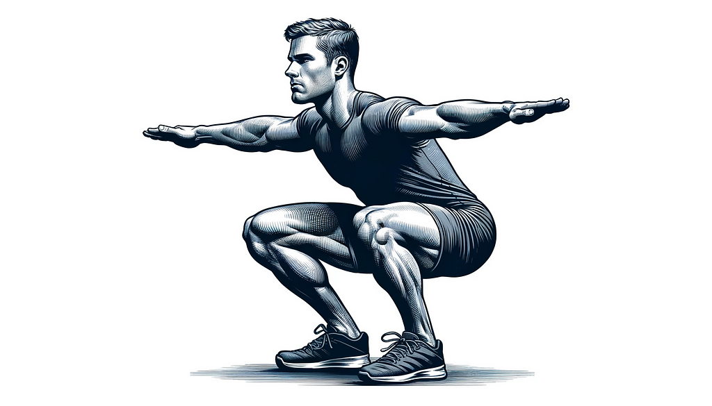 Illustrazione di una persona che esegue squat a corpo libero, in piedi con i piedi alla larghezza delle spalle e le braccia distese in avanti, abbassandosi fino a che le cosce sono parallele al pavimento.