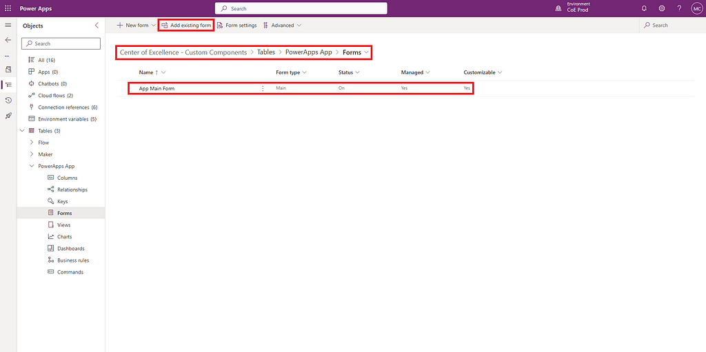 PowerApps App table forms on the Custom Components solution