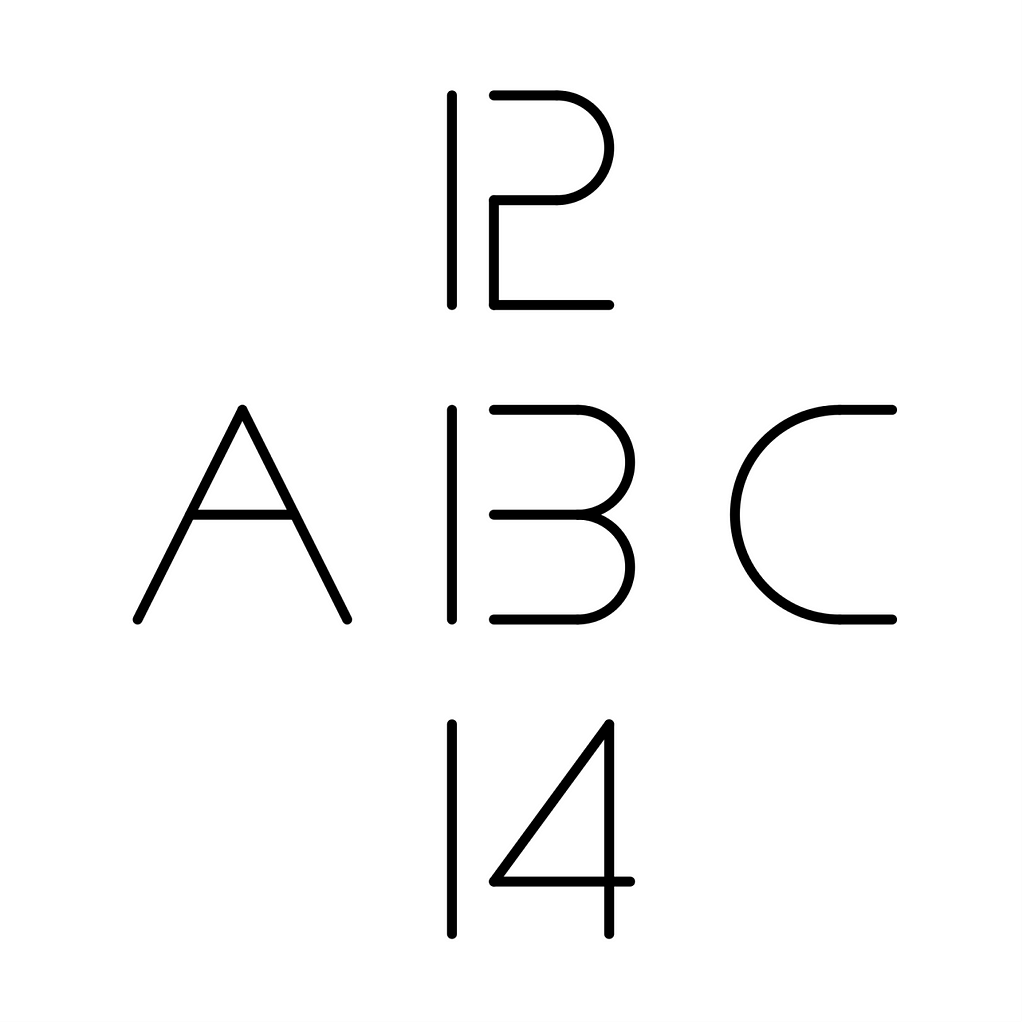 A white image with black element in the center, whereas the 13 from the last image is in the center, on top of the 13 is 12, below 13 is 14. But to the left of the 13 is the letter A and to the right of the 13 is the letter C, making it look like in this line, 13 is the letter B.