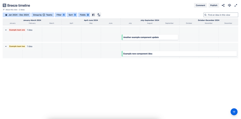 Jira Product Discovery board timeline view showing two ideas scheduled. The width of each ideas card aligns with the months work would start and end.