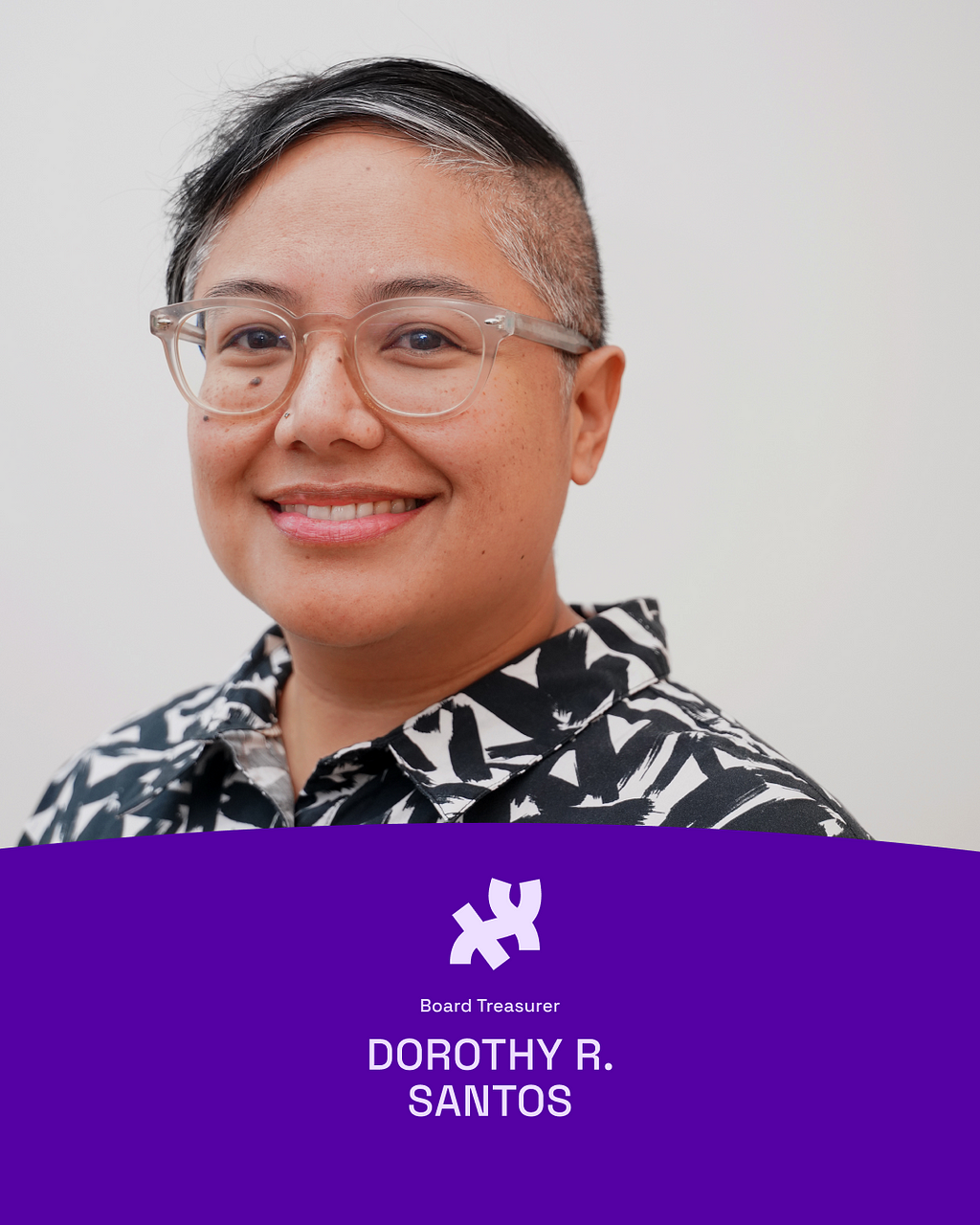 A graphic with an image of our new board treasurer, Dr. Dorothy R. Santos. Their profile photo sits on top of a dark purple graphic element at the bottom in the shape of a hill, which reads, “New Board Member Dorothy R. Santos,” with the Processing logo in white on top of the text.