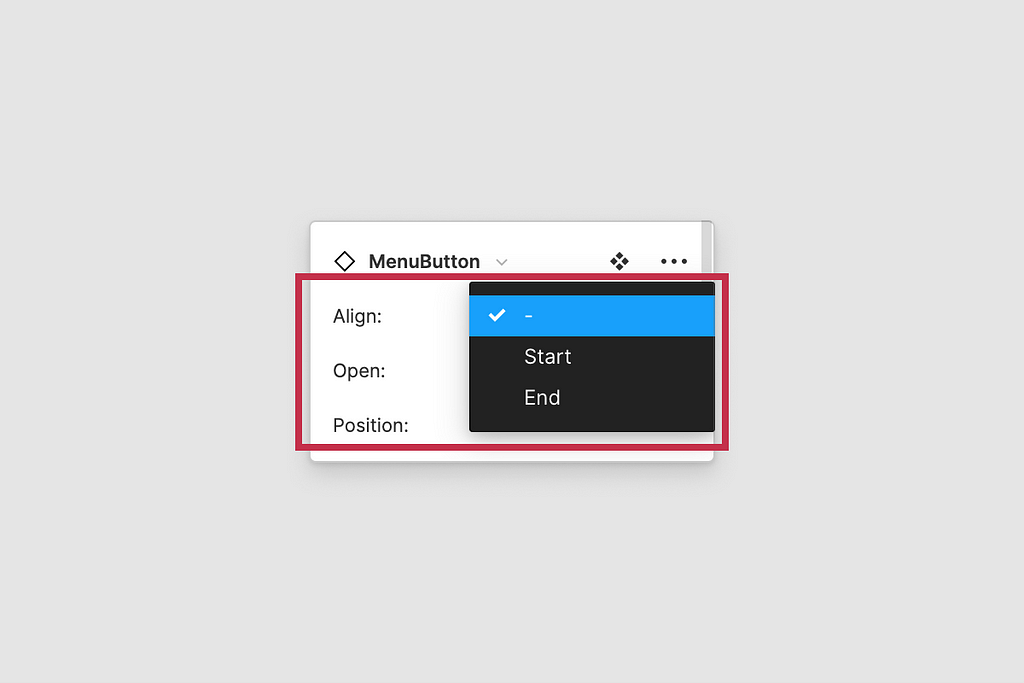 MenuButton controls inside Figma UI variants panel highlighting the “Align” prop