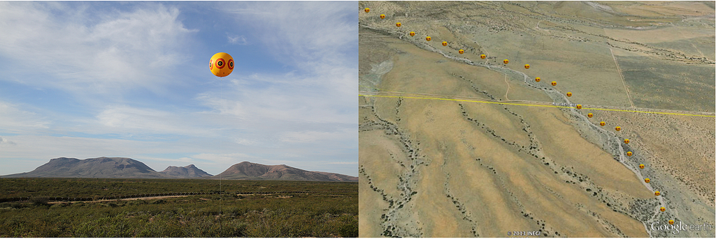 Two side by side images — on the left is a picture of the bird repellent balloon, which is yellow with a series of red circles, and on the right is a Google Maps sketch of the repellent fence, with a dozen balloons stretching alongside the US/Mexico Border