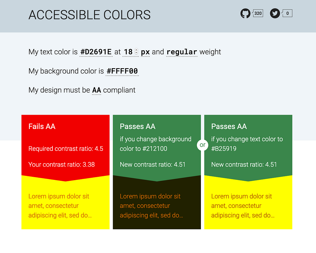 Example of an online tool that tells us if the color combination is accessible or not, and gives suggestions if it is not.