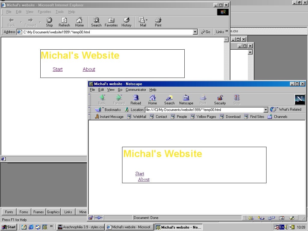 Screen shot from Windows 98 with Internet Explorer and Netscape Navigator showing difference in rendering list elements with CSS float property.