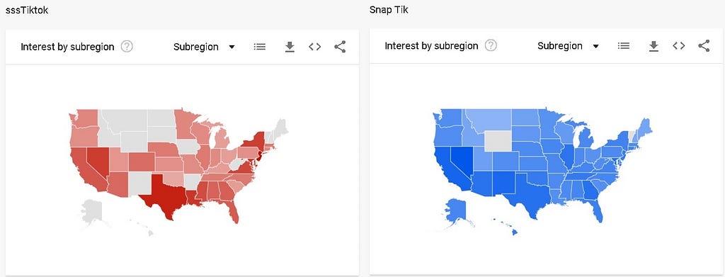 Google Trends map for SnapTik and SSSTiktok search coverage for the past 12 months.