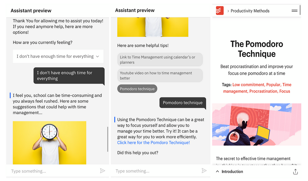 screenshots of the assistant preview. It asks how a person is feeling and gives some advice on how to deal with school, including suggesting the Pomodoro Technique