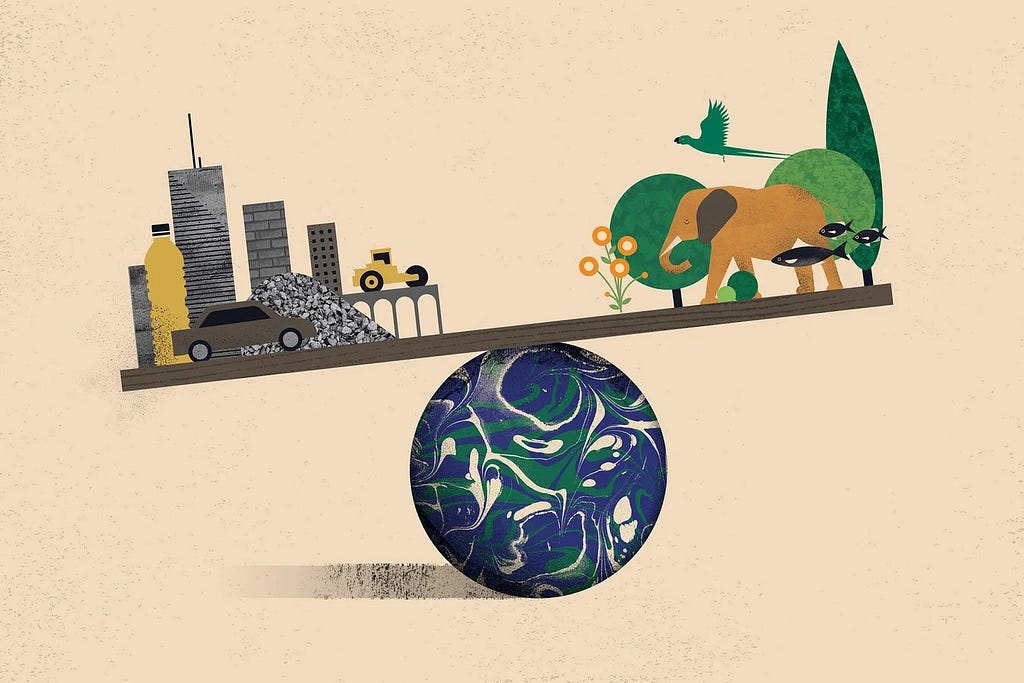 An illustration of human-made stuff like bottles, building, cars, etc. balancing on top of a seesaw like board on the left. On the right we see nature, depicted  through flowers, trees, an elephant and a bird. The board is balancing on top of Earth and tilted to the left, signalling that the human-made stuff is heavier than nature.