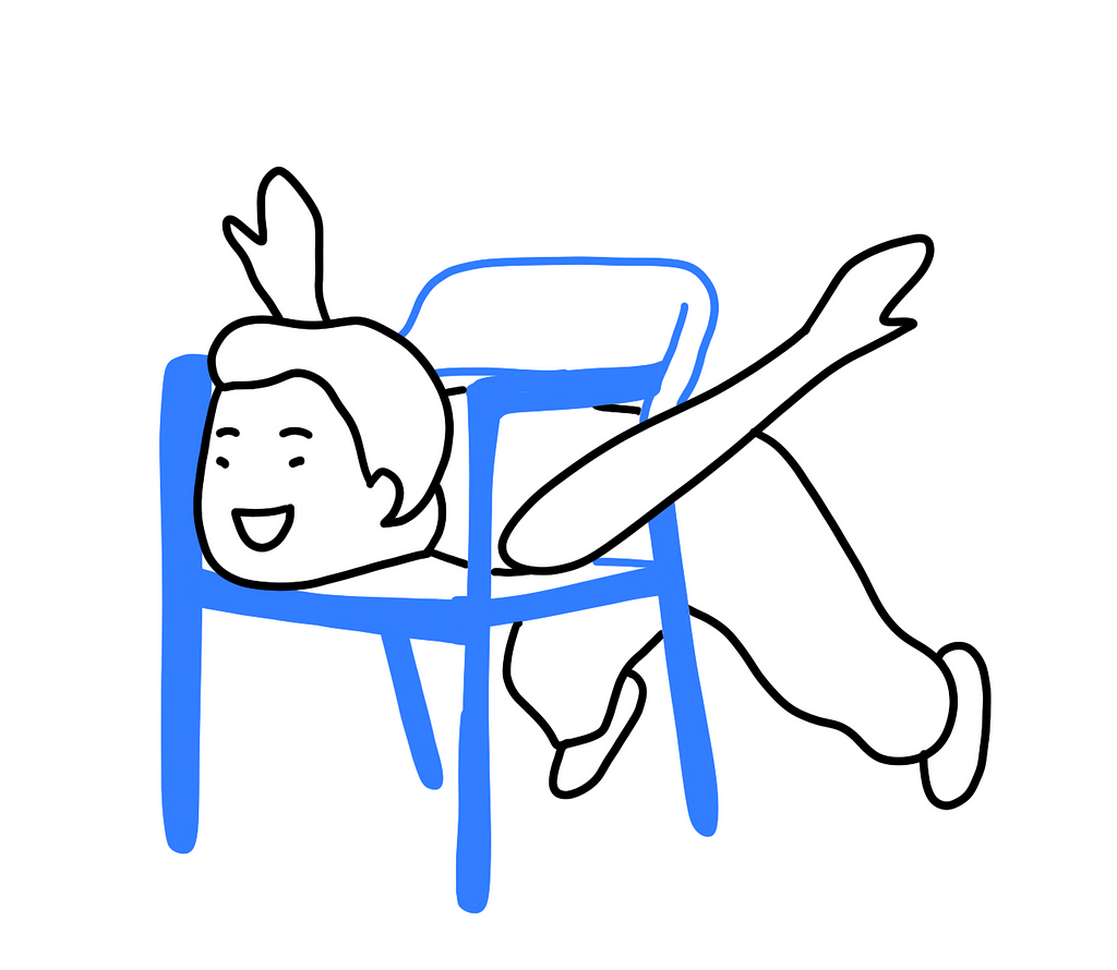 Drawing of a boy making funny poses while entangled in a chair.