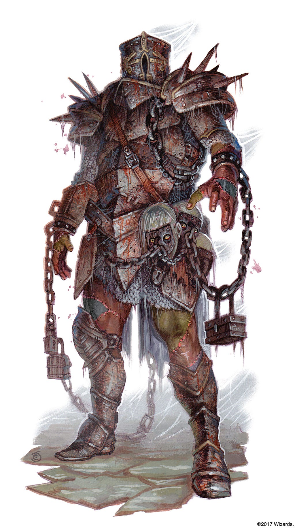 A tomb guardian clad in iron armor with chains and blood surrounding it.