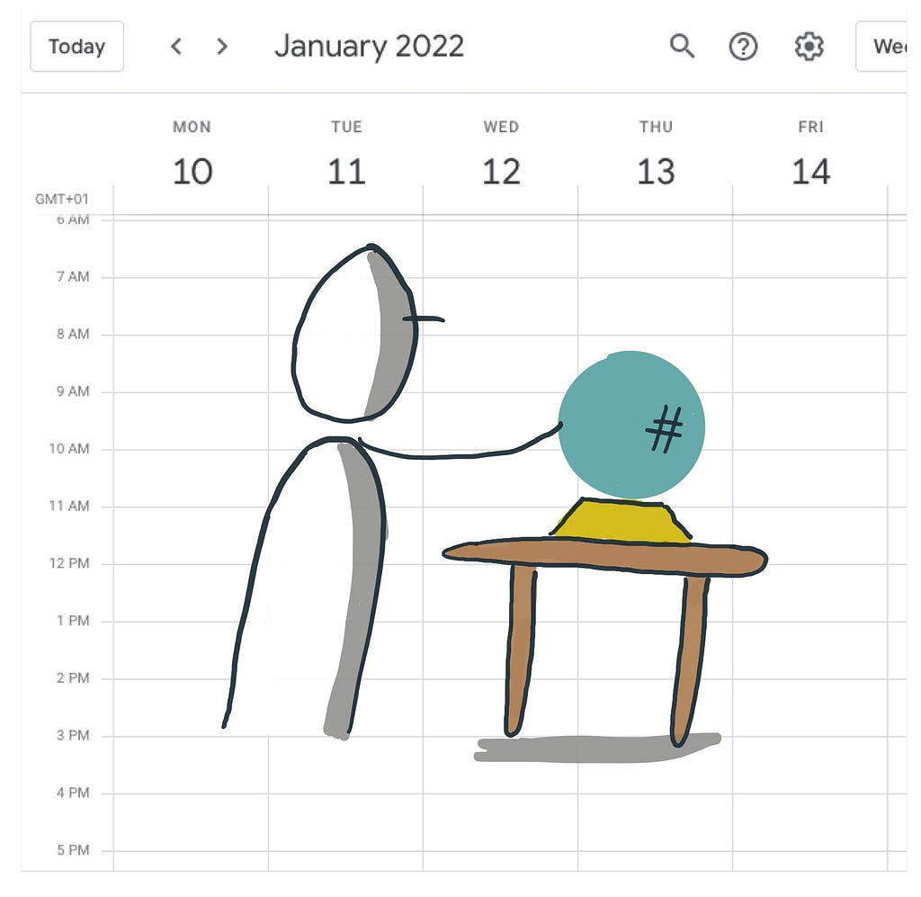 A little people with a crystal ball on top of a google calendar for 2022.