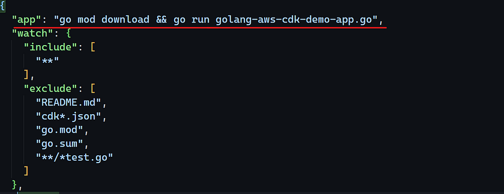 Visualization of changing the app property inside the cdk.json config file