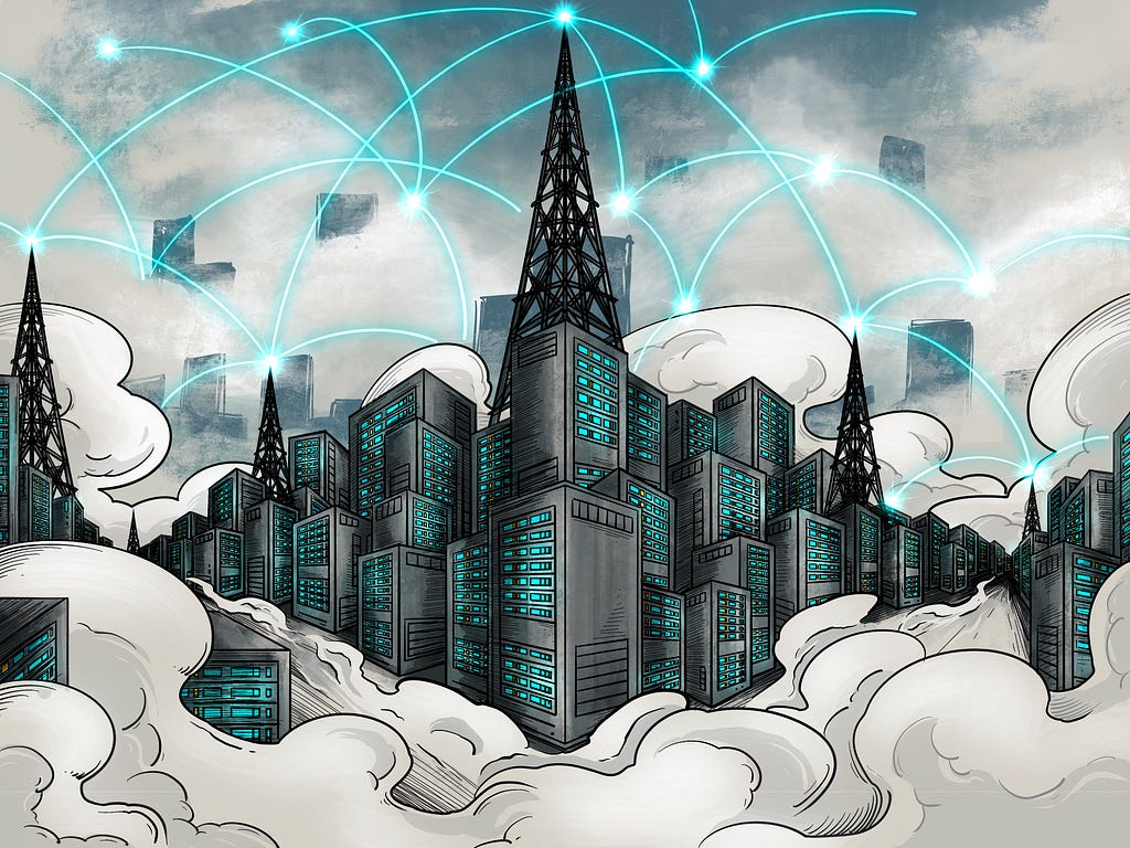 Illustration of digitally connected city floating in the clouds
