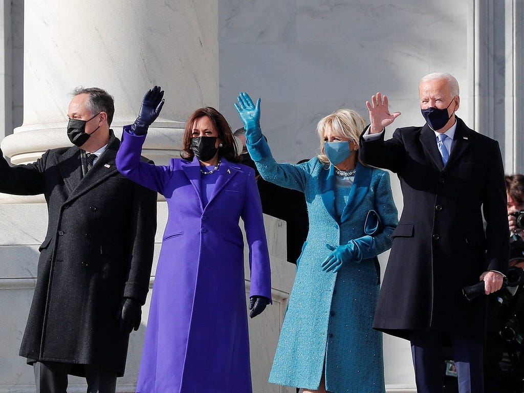 Doug Emhoff, Kamala Harris, Jill Biden, and Joe Biden on Inauguration Day.