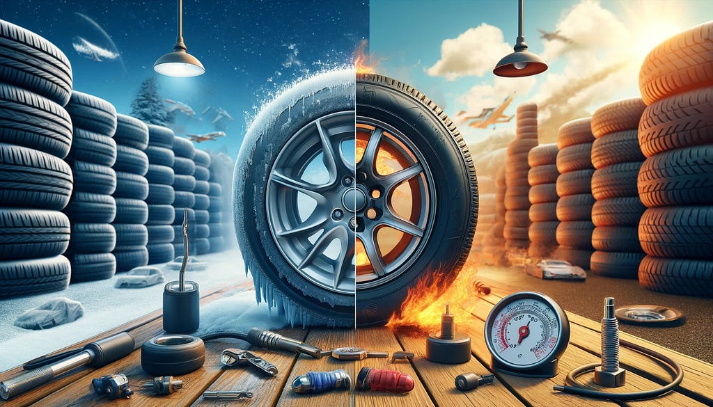 Automotive scene depicting tires in various conditions: a new tire with a gauge, a tire under temperature stress, and an aged tire with visible wear, set in a professional tire shop.