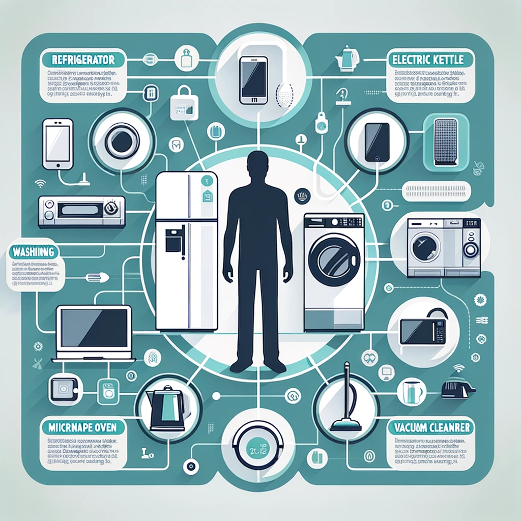 ChatGPT / DALL-E. An infographic-style graphic vividly illustrating a person encircled by essential electrical devices.