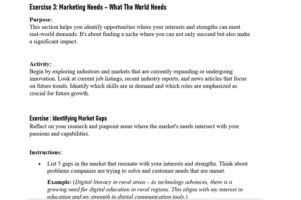 a section on ‘Matching skills with market needs’ from a Career and financial Self-discovery Workbook on Gumroad titled ‘Honestly, It’s Time To Thrive’