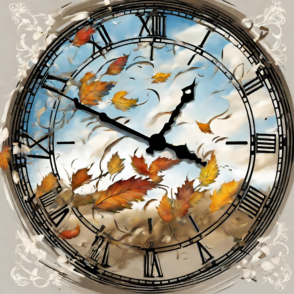an analog clock with roman numerals and autumn leaves blowing across its face