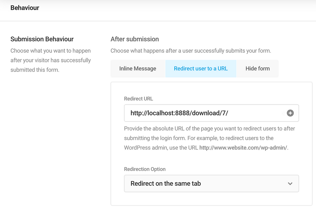 Setting the redirect URL screenshot