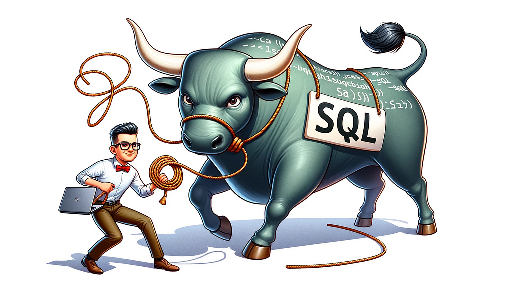 Funny illustration of a person dressed as a data analyst, complete with glasses and a laptop, trying to tame a massive bull with the label ‘SQL’ on its side. The analyst is using a lasso made of code strings, and the bull, although looking fierce, has a playful smirk on its face.