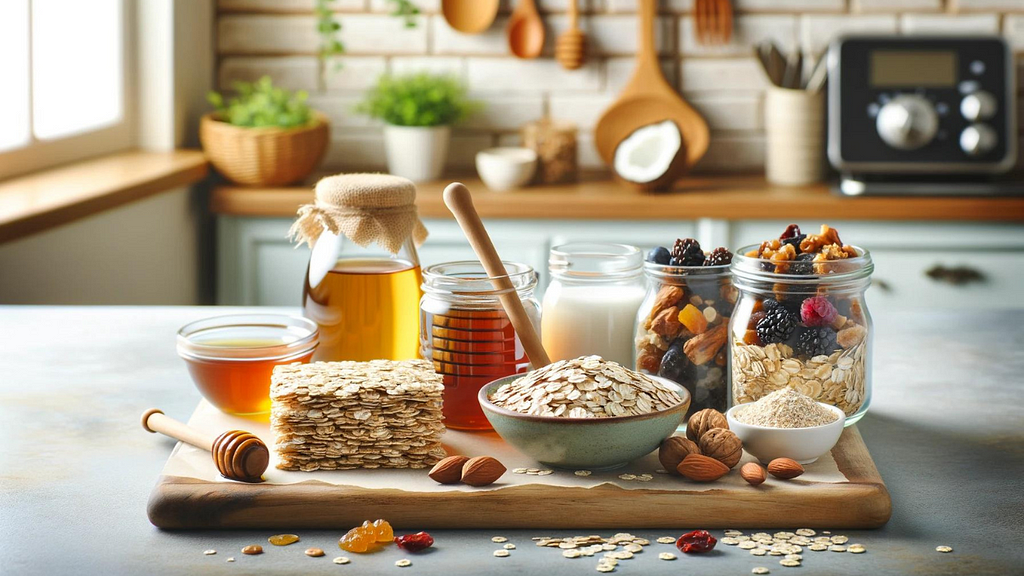Ingredients for making healthy flapjack recipe neatly arranged on a kitchen counter, including oats, honey, coconut oil, nuts, and dried fruits.