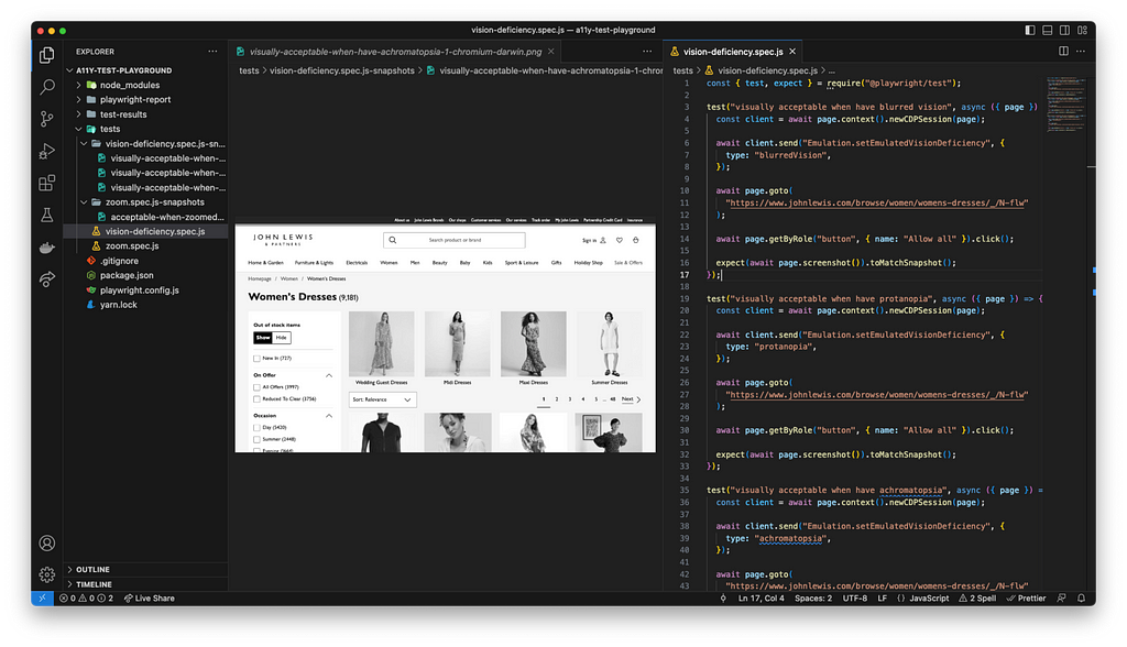 VSCode window with two tabs open. One containing Playwright tests for setting up different vision deficiencies via CDP and then using the Playwright screenshot API. The other tab shows the resulting screenshot for the achromatopsia test — a greyscale image of the John Lewis Women’s Dresses product listing page.