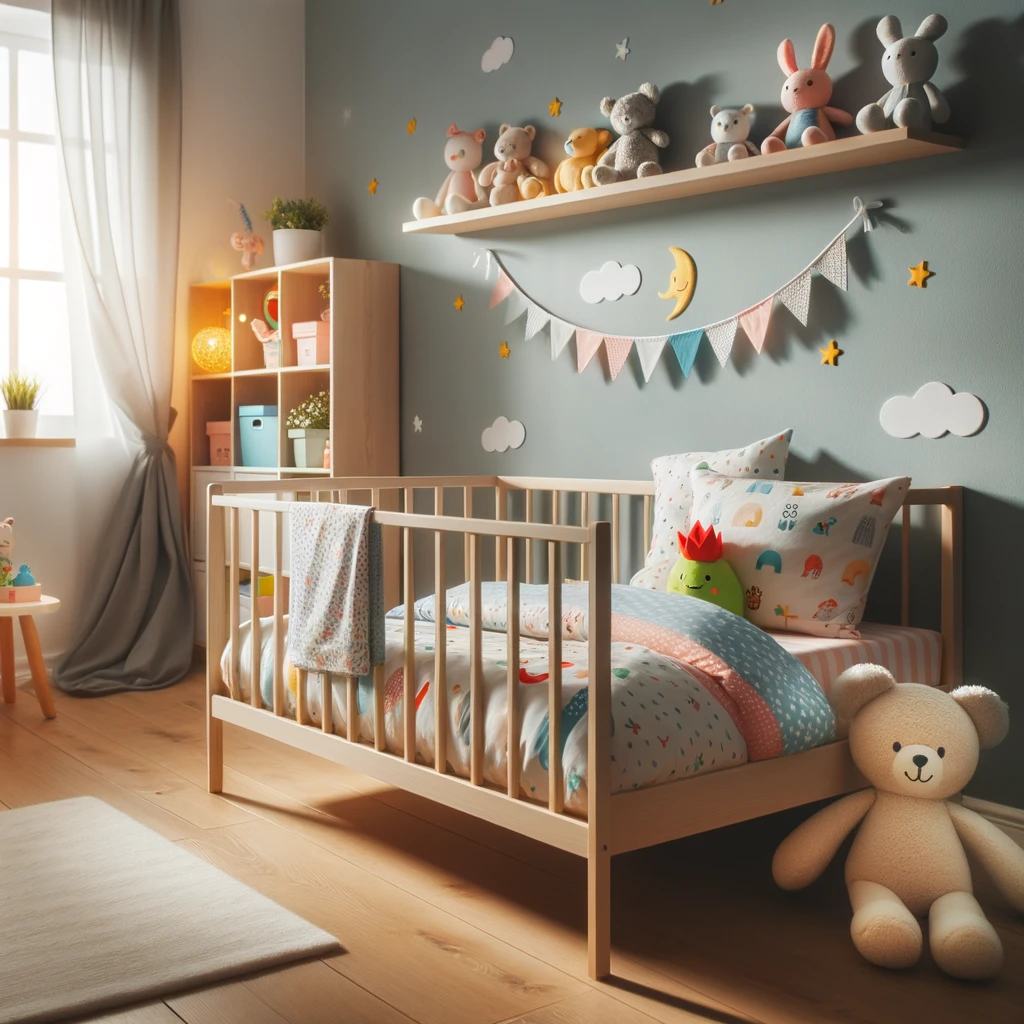 Warmly decorated toddler’s room featuring a bed with playful bedding and a collection of cherished stuffed toys