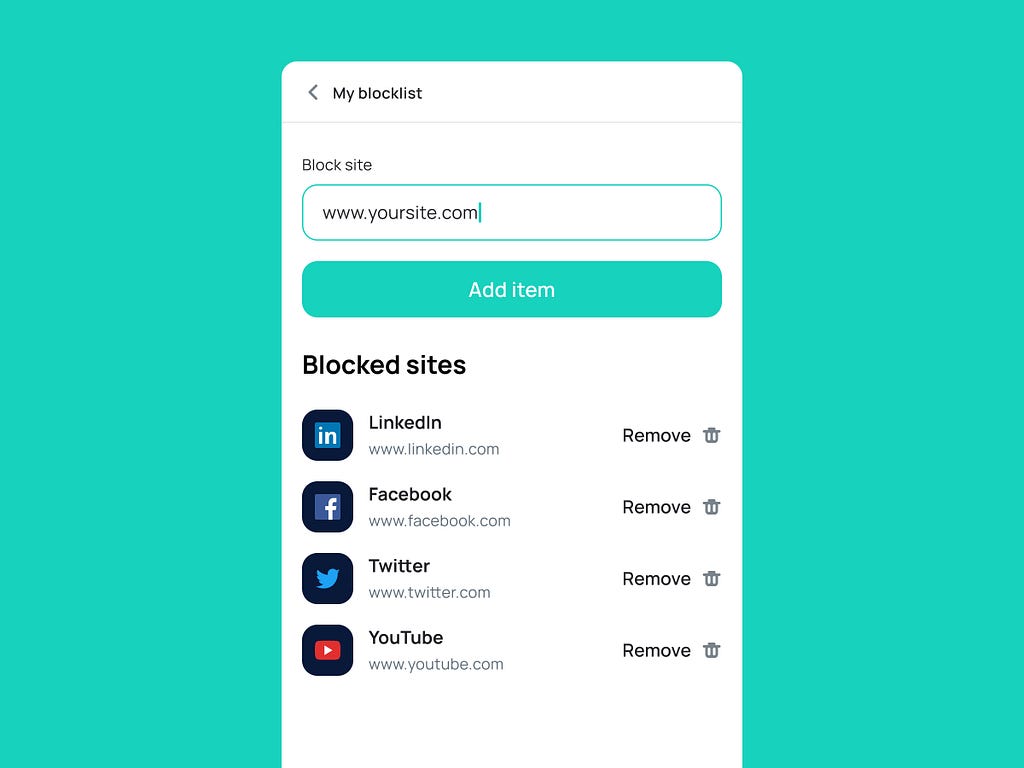 A screenshot showing SurfHelp app site blocking shortcuts