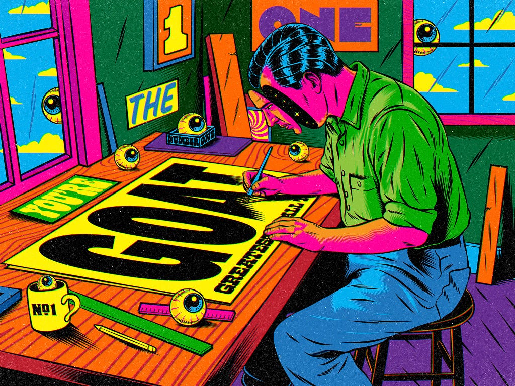 A psychedelic illustration showing a man designing a poster