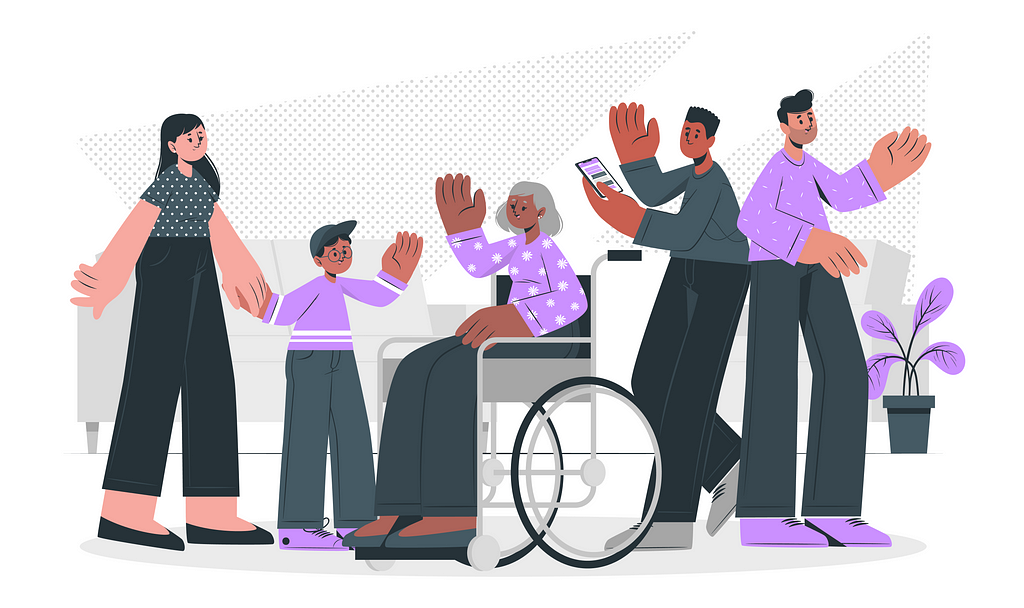 Vector illustration showing 5 people of different ages, gender, skin color, and abilities, with 4 of them raising their hand.