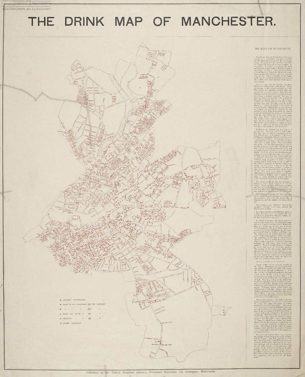 Map of Manchester showing distribution of liquor outlets across the city. These appear as red dots on a white background. The map is accompanied by text prepared by the Temperance movement.