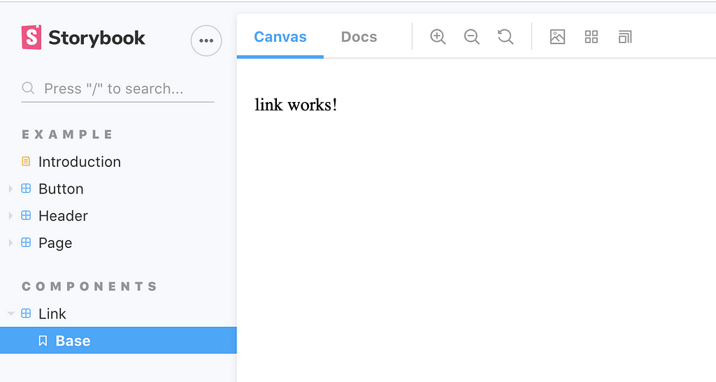Storybook interface rendering raw link component