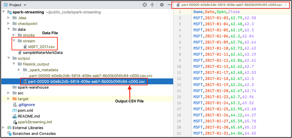 On left window, we can see output CSV file and data files. On right window we can see content of CSV file.