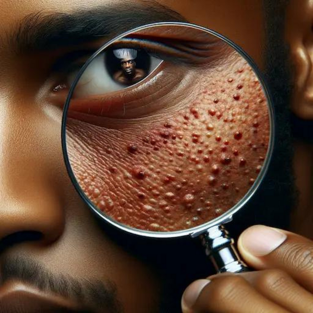 African American person’s eyes, with one eye reflecting a magnifying glass focusing on the skin. This image symbolizes the intense scrutiny of oneself.