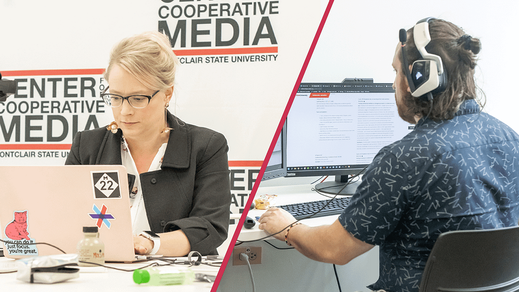 The image is split diagonally down the middle showing two photos: On the left, Stefanie Murray sits at a laptop and prepares to introduce a virtual conference session with a step-and-repeat behind her. On the right, Joe Amditis sits at a computer sweating while wearing headphones.