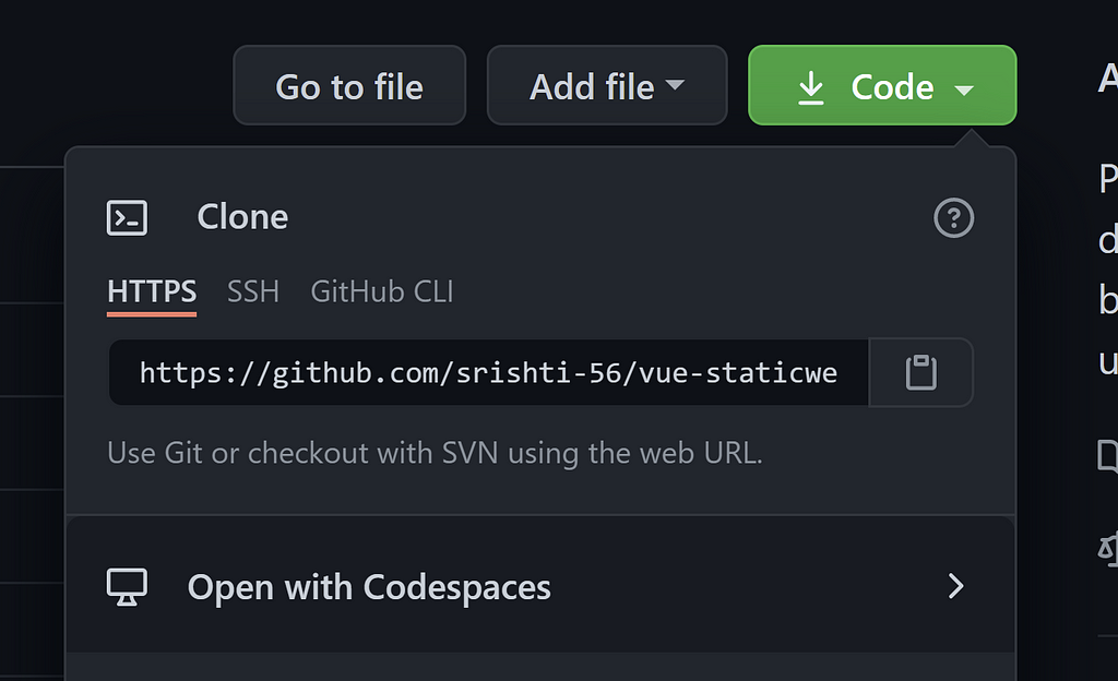Top right corner of a Github repo with the Code dropdown opened and displaying the “Open with Codespaces” option