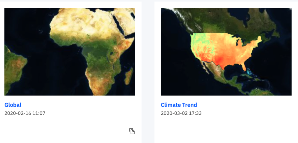 screenshot of IBM Climate Data Explorer showing an image the African continent and an image of the United States with climate hotspots