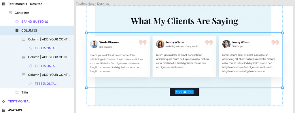 A testimonials’ section in Figma