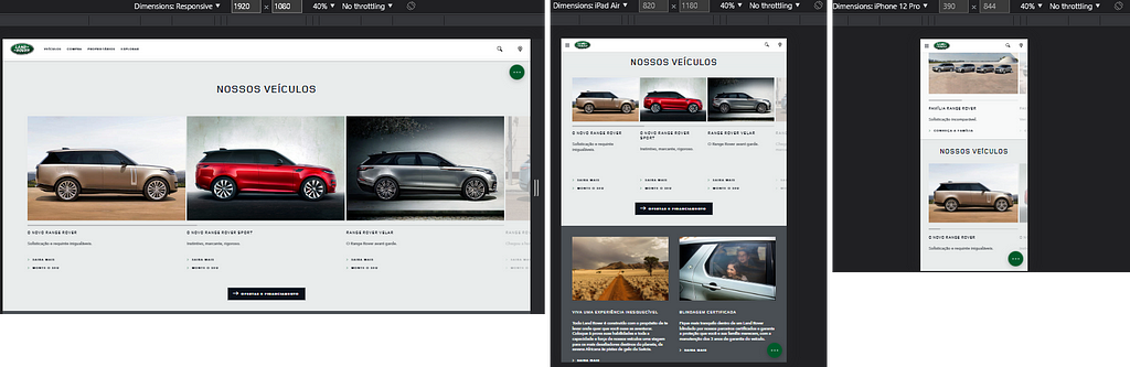 Disposição dos cards do site da land hover para Web, Tablet e celular respectivamente