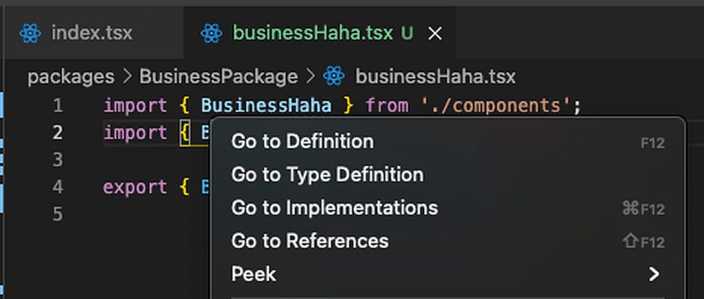 vscode screenshot with Go to definition option on a code import