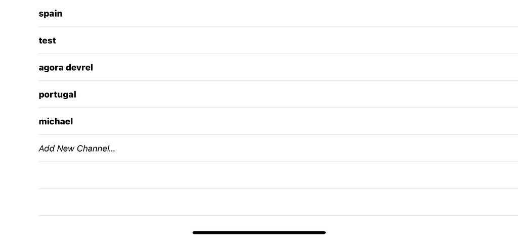 Table view containing a list of example channels