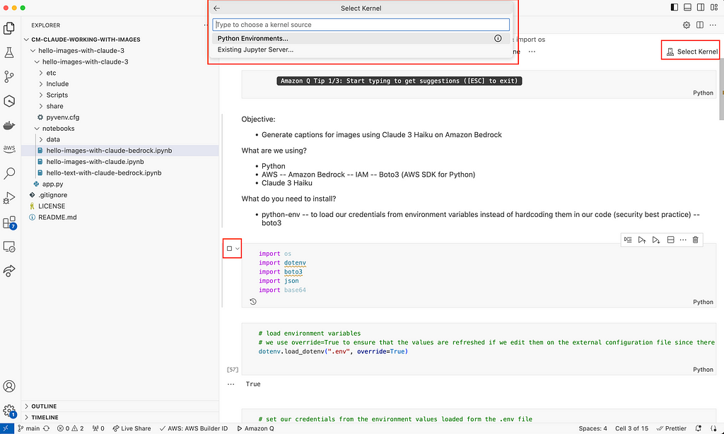 Visul Studio Code IDE showing the Command Palette containing an optino to select a Python interpreter and higlighting the Select Kernel button on the notebook and the Play button on one of the code blocks, both of which can be used to trigger the appeareance of the Command Palette.