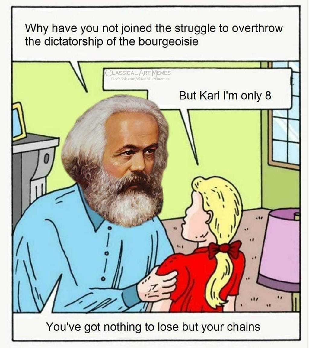 Meme of Karl Marx holding little girl by arms, text captioned in article