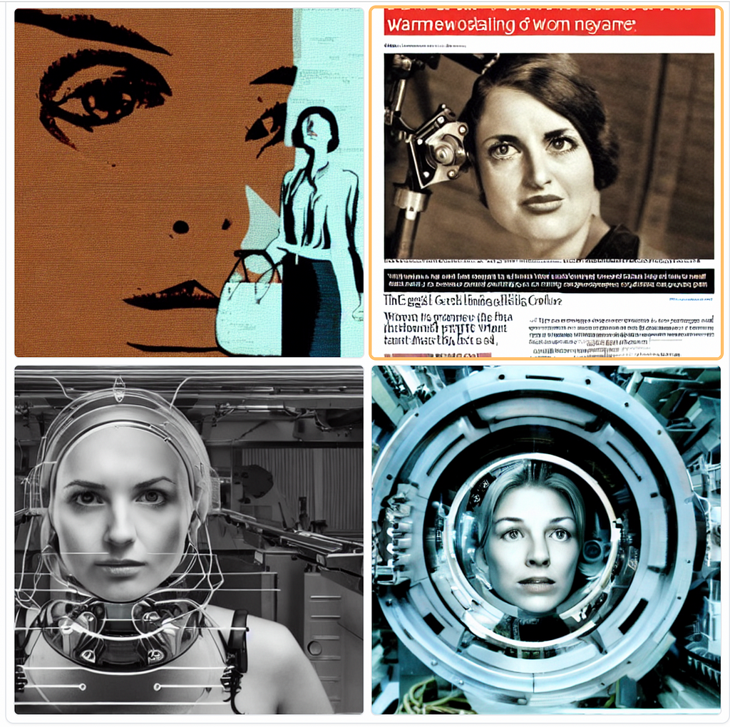 Beneath the Gaze of the Machine How Are Women Faring? images of women’s faces and machines, generated by Stable Diffusion